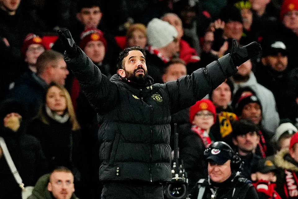 Manchester United manager Ruben Amorim reacts on the touchline at Old Trafford. Photo: Martin Rickett/PA Wire